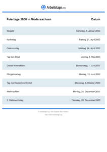 Feiertage Niedersachsen 2000 DIN A0