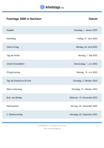 Feiertage Sachsen 2000 DIN A0