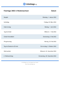 Feiertage Niedersachsen 2002 DIN A0