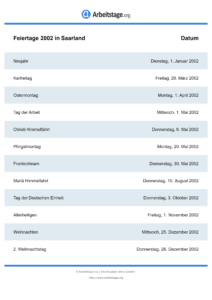 Feiertage Saarland 2002 DIN A0