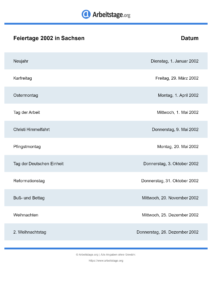 Feiertage Sachsen 2002 DIN A0