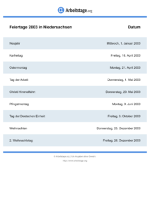 Feiertage Niedersachsen 2003 DIN A0