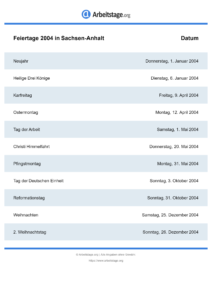 Feiertage Sachsen-Anhalt 2004 DIN A0