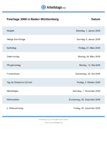 Feiertage Baden-Württemberg 2008 DIN A0