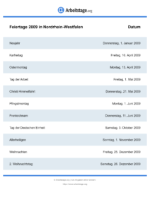 Feiertage Nordrhein-Westfalen 2009 DIN A0