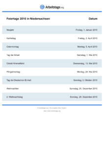 Feiertage Niedersachsen 2010 DIN A0