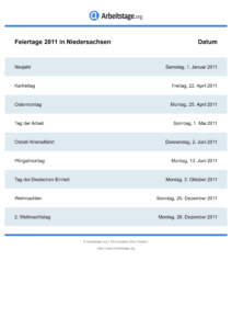 Feiertage Niedersachsen 2011 DIN A0