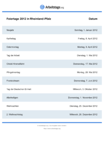 Feiertage Rheinland-Pfalz 2012 DIN A0