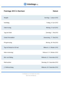 Feiertage Sachsen 2012 DIN A0