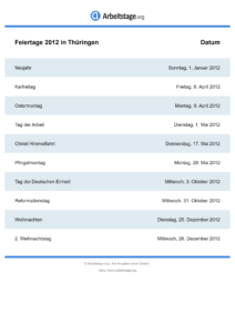 Feiertage Thüringen 2012 DIN A0