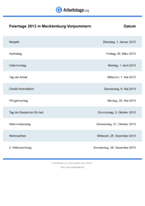 Feiertage Mecklenburg-Vorpommern 2013 DIN A0