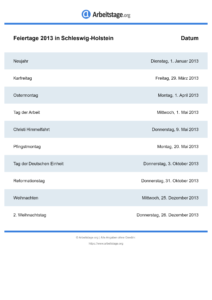 Feiertage Schleswig-Holstein 2013 DIN A0