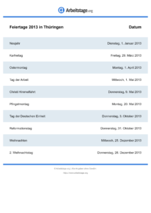 Feiertage Thüringen 2013 DIN A0