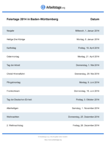 Feiertage Baden-Württemberg 2014 DIN A0