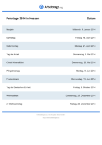 Feiertage Hessen 2014 DIN A0