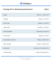 Feiertage Mecklenburg-Vorpommern 2014 DIN A0