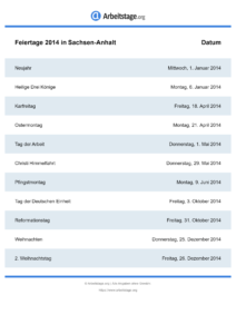 Feiertage Sachsen-Anhalt 2014 DIN A0