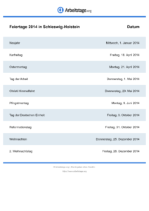 Feiertage Schleswig-Holstein 2014 DIN A0