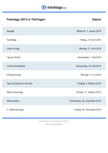 Feiertage Thüringen 2014 DIN A0