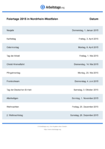 Feiertage Nordrhein-Westfalen 2015 DIN A0