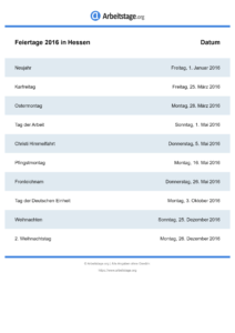 Feiertage Hessen 2016 DIN A0