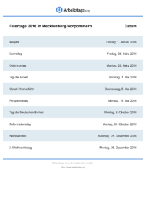 Feiertage Mecklenburg-Vorpommern 2016 DIN A0