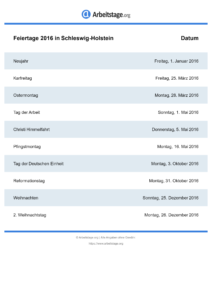 Feiertage Schleswig-Holstein 2016 DIN A0