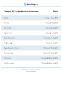 Feiertage Mecklenburg-Vorpommern 2018 DIN A0