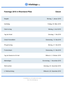 Feiertage Rheinland-Pfalz 2018 DIN A0