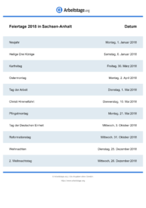 Feiertage Sachsen-Anhalt 2018 DIN A0