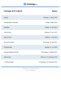 Feiertage Berlin 2019 DIN A0