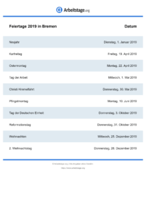 Feiertage Bremen 2019 DIN A0