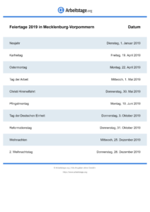 Feiertage Mecklenburg-Vorpommern 2019 DIN A0