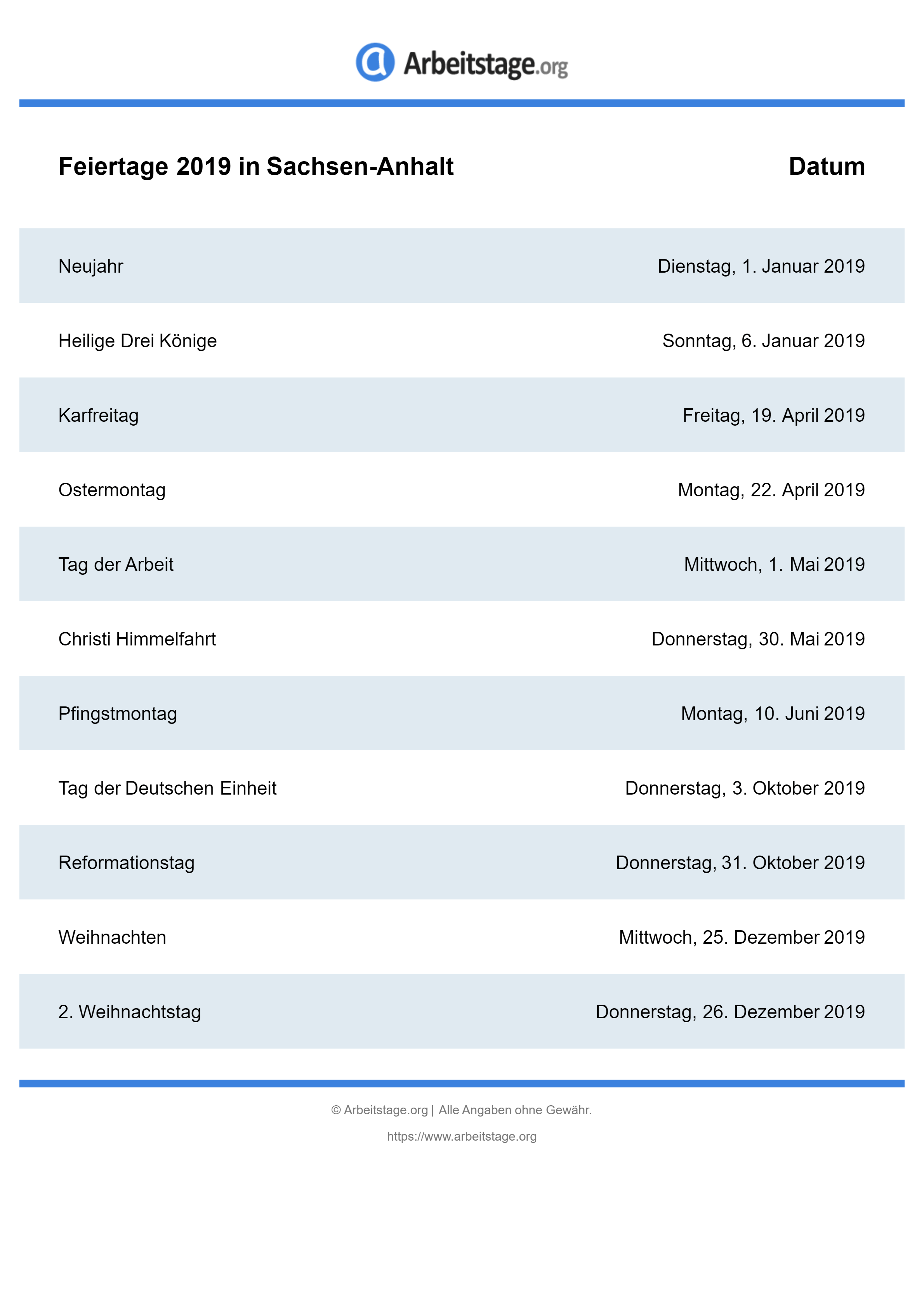 Gesetzliche Feiertage Sachsen-Anhalt 2019, 2020, 2021