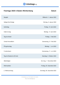 Feiertage Baden-Württemberg 2020 DIN A0