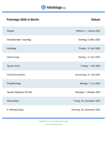 Feiertage Berlin 2020 DIN A0