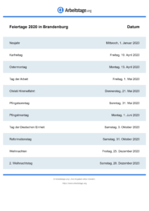 Feiertage Brandenburg 2020 DIN A0