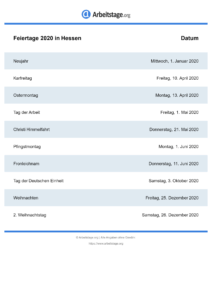 Feiertage Hessen 2020 DIN A0