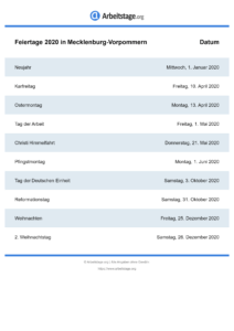 Feiertage Mecklenburg-Vorpommern 2020 DIN A0