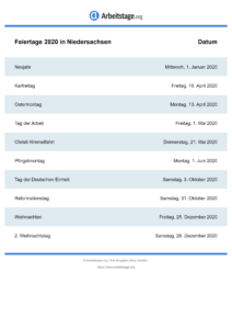 Feiertage Niedersachsen 2020 DIN A0