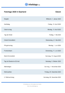 Feiertage Saarland 2020 DIN A0