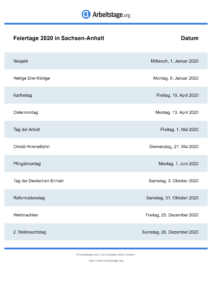 Feiertage Sachsen-Anhalt 2020 DIN A0