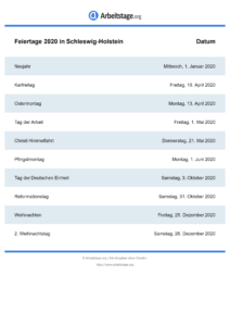 Feiertage Schleswig-Holstein 2020 DIN A0