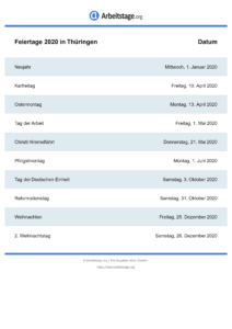 Feiertage Thüringen 2020 DIN A0