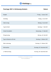 Feiertage Schleswig-Holstein 2021 DIN A0