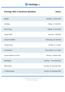 Feiertage Nordrhein-Westfalen 2022 DIN A0