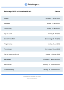 Feiertage Rheinland-Pfalz 2022 DIN A0