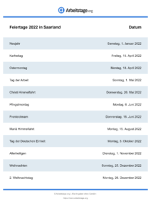 Feiertage Saarland 2022 DIN A0