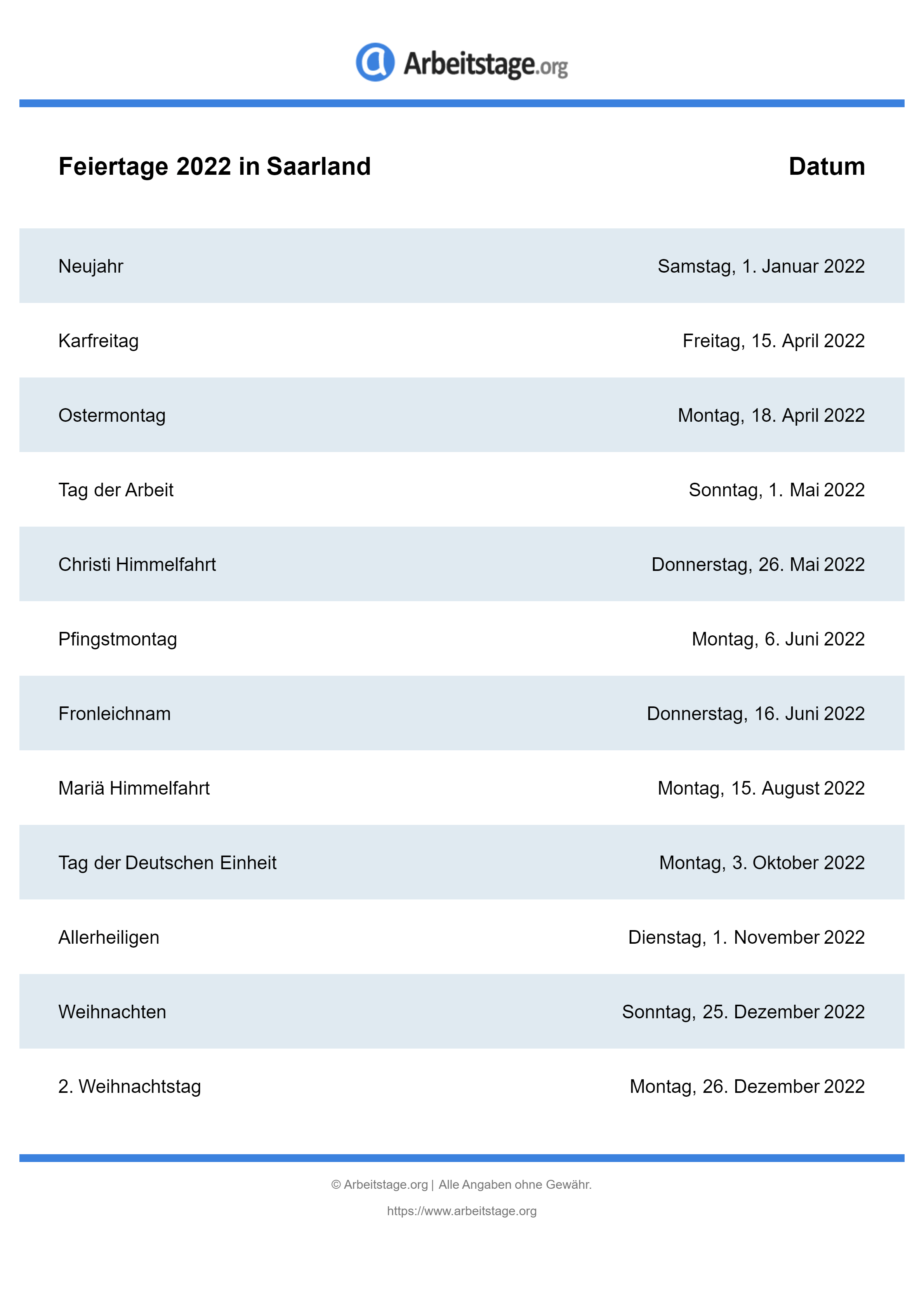 Gesetzliche Feiertage Saarland 2022, 2023, 2024