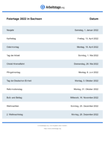 Feiertage Sachsen 2022 DIN A0